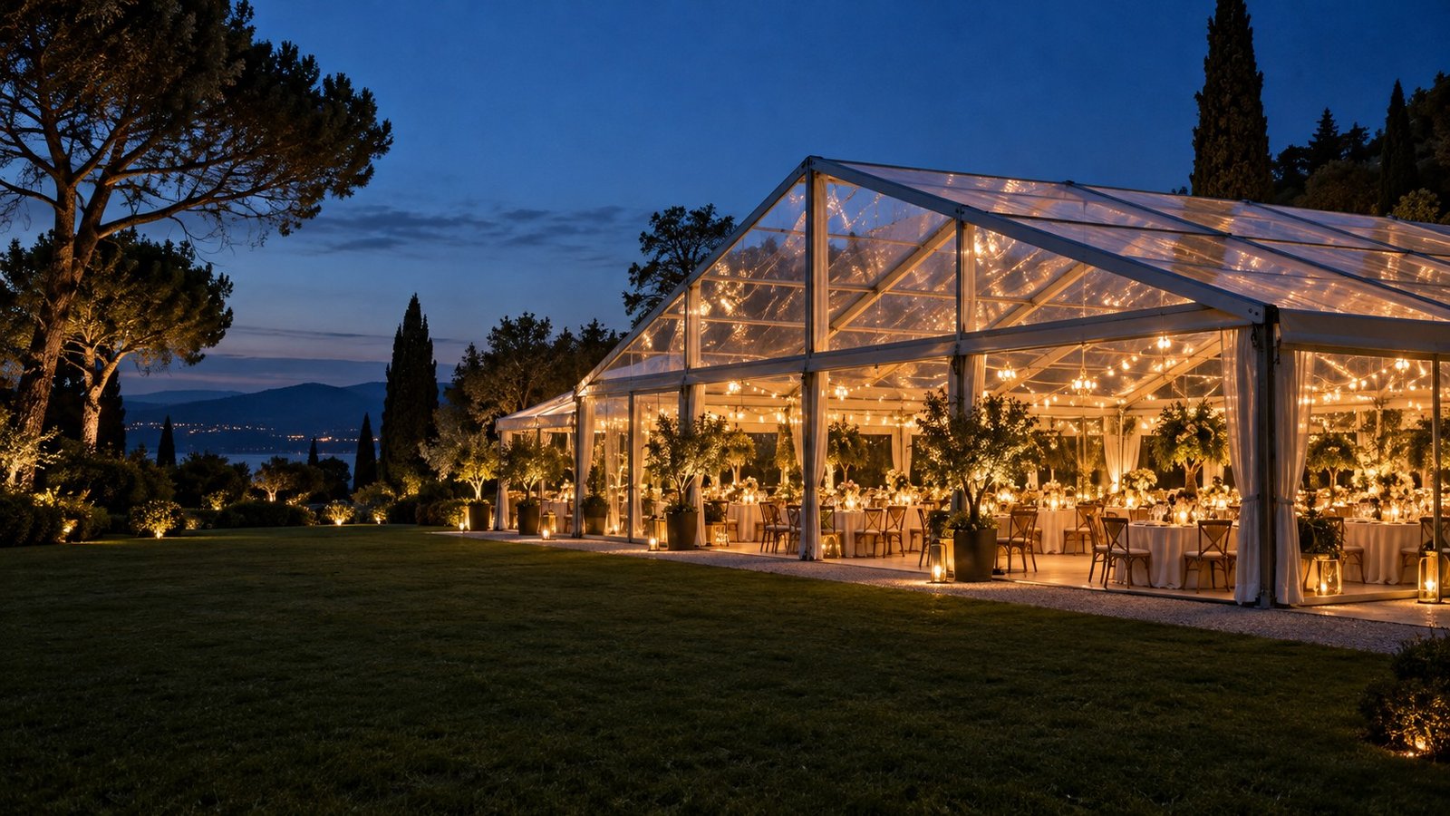 Tendostruttura trasparente per un evento serale in giardino, immagine illustrativa